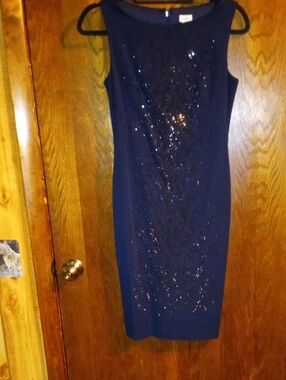 Cache Navy Sequin Midi Sheath Dress